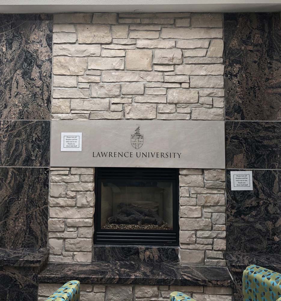 The fireplace on the fourth floor of Hiett Hall