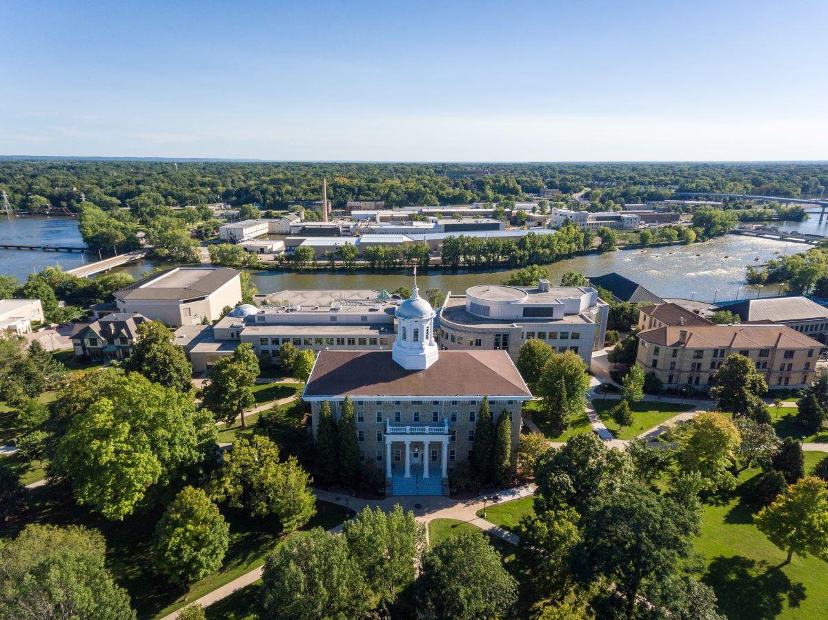 aerial shot of Main Hall and the Fox River 