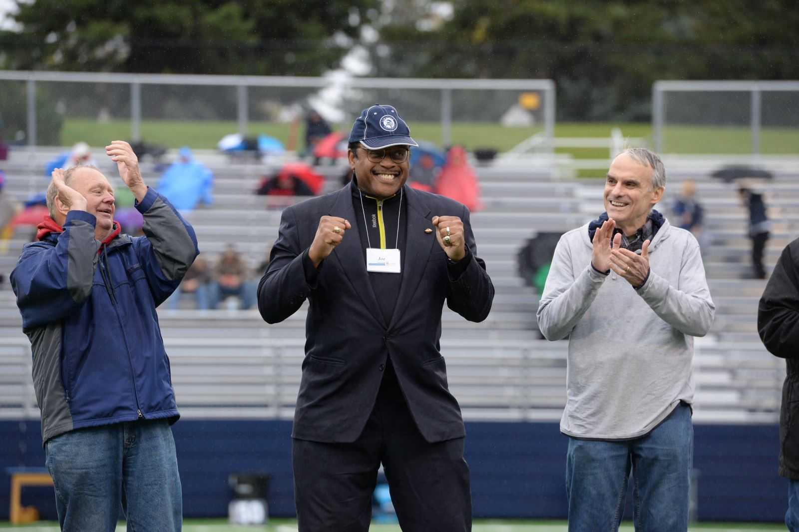 Joe Patterson Jr. pumps his visits during a 2017 Hall of Fame celebration in the Banta Bowl.
