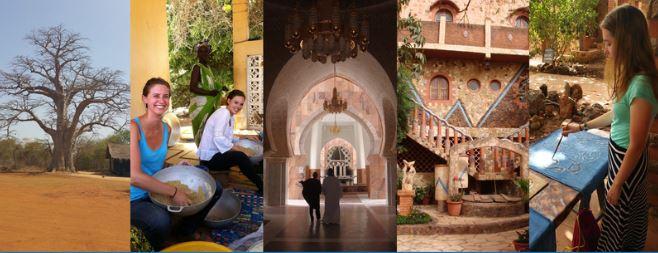 Several pictures in a collage for Senegal. Tree in desert, students making food, student painting, and historical and cultural buildings