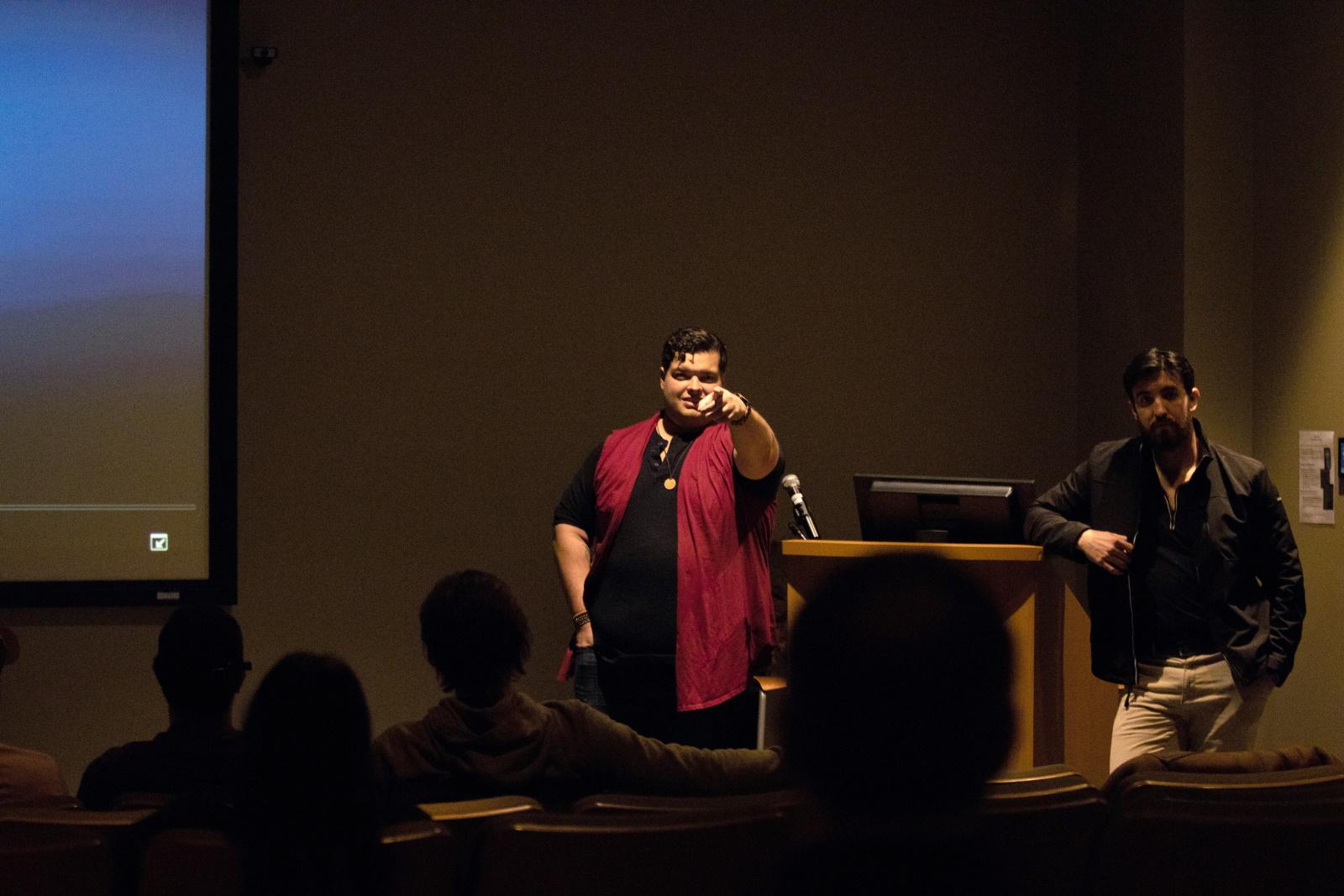 Jacob Dalton '17, theatre major, points toward an audience member as he speaks at Warch Cinema.