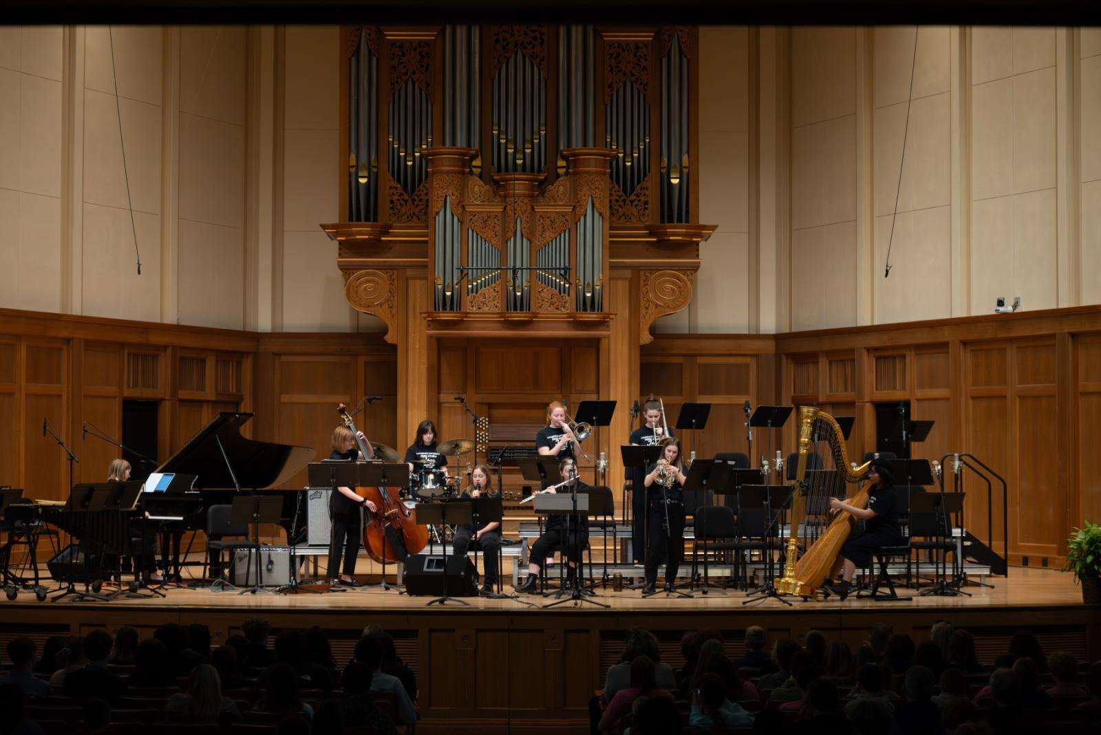 Students in the Jazz and Gender Equity Initiative (JGEI) perform at Memorial Chapel during Fred Sturm Jazz Celebration Weekend. 