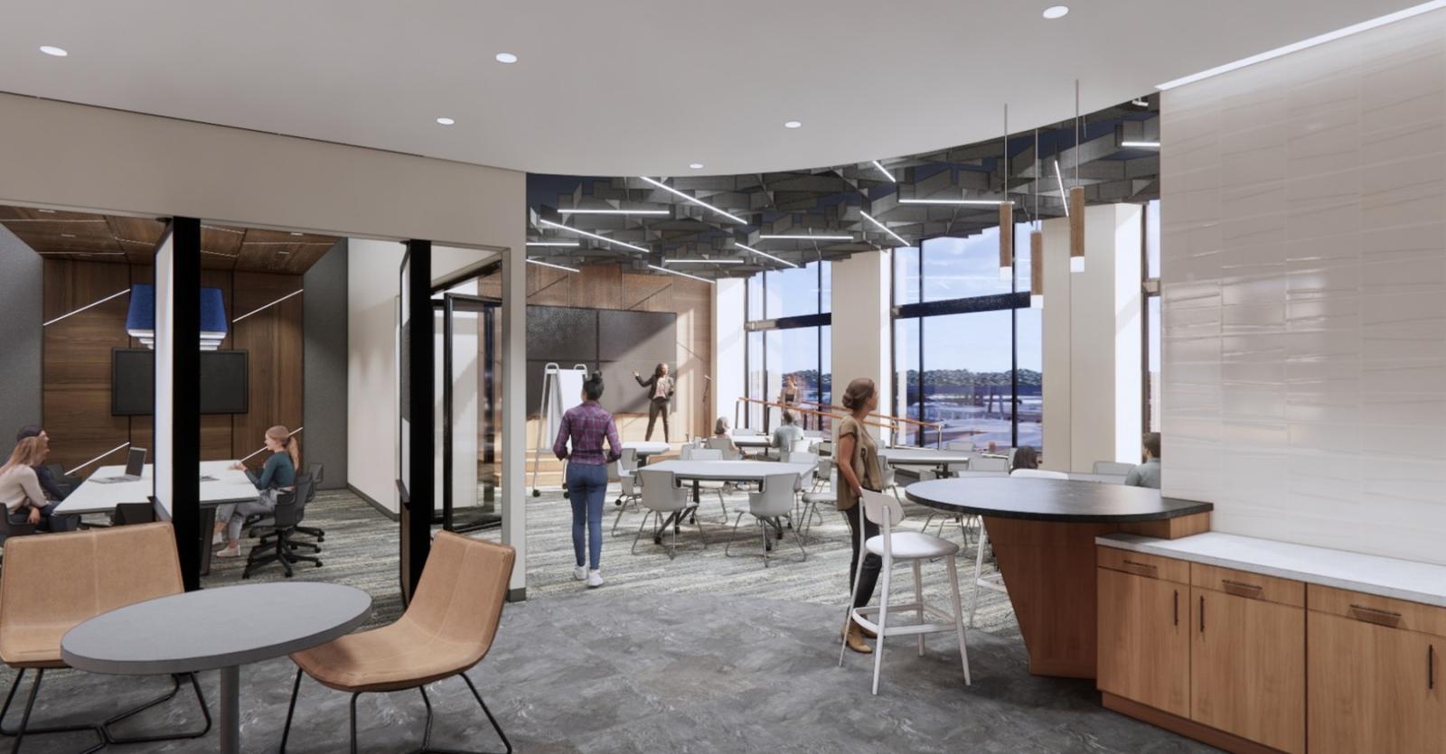 Drawing shows what the Business and Entrepreneurship Center in Fox Commons will look like, with meeting spaces, a stage and tables for gathering.
