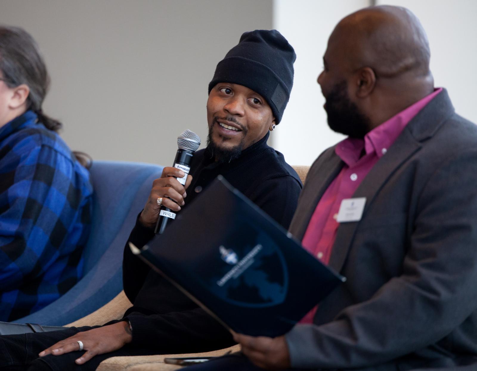 Cainan Davenport speaks during a Transformational Leaders of Color event at Lawrence University in February 2023.