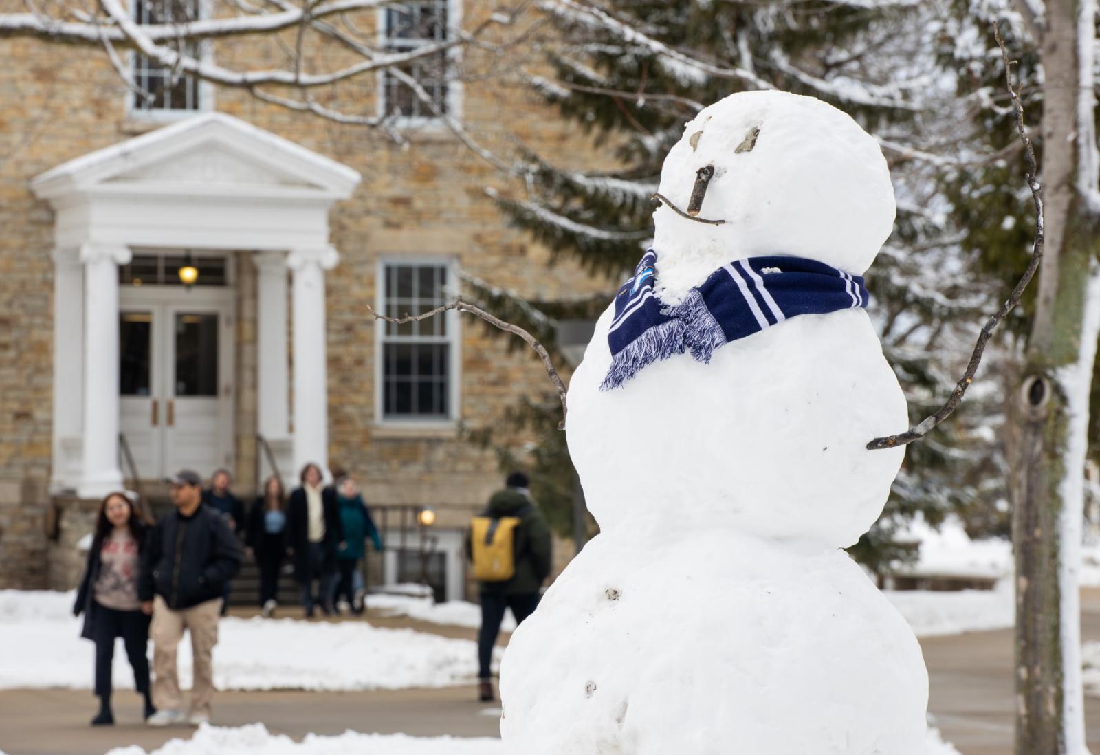 A giant snowman was built on Main Hall Green.