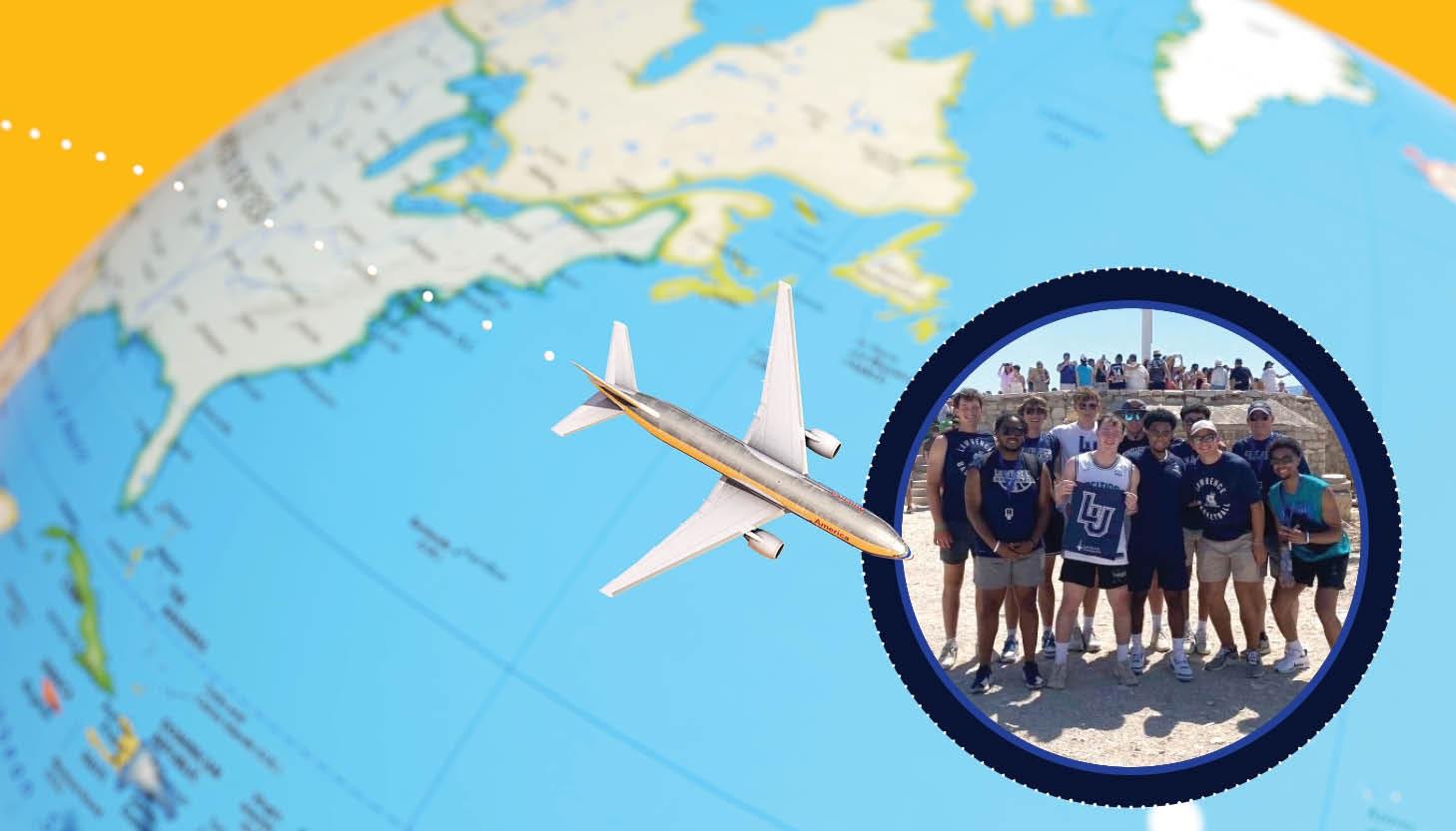 Lawrence basketball players pose with their Lawrence gear during a trip to Greece.