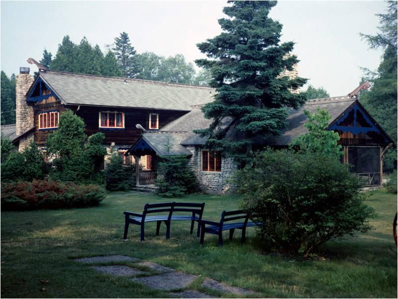 a cabin situated in the trees