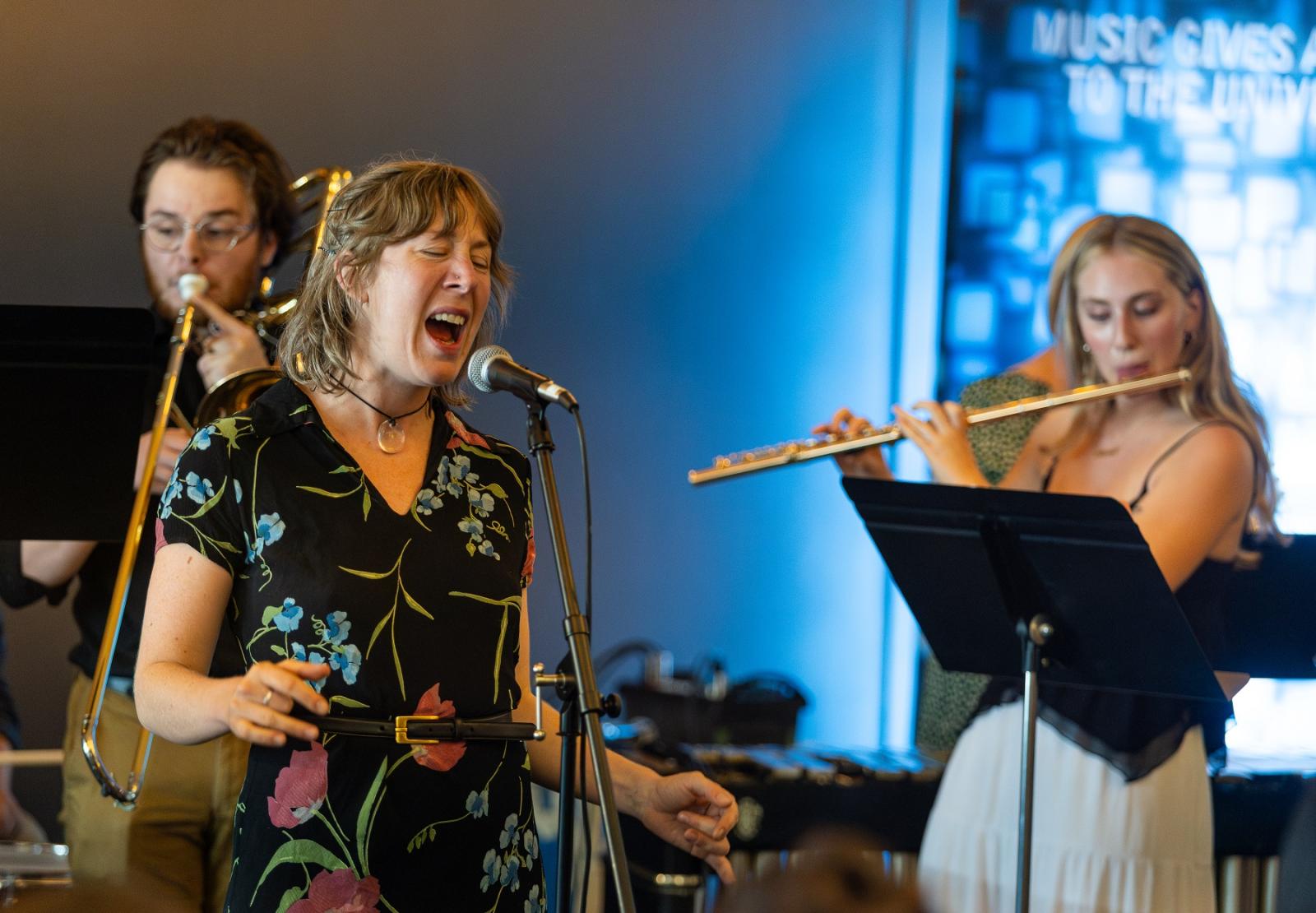 Julia Blair performs with students from the Lawrence Chamber Music Festival during Mile of Music.