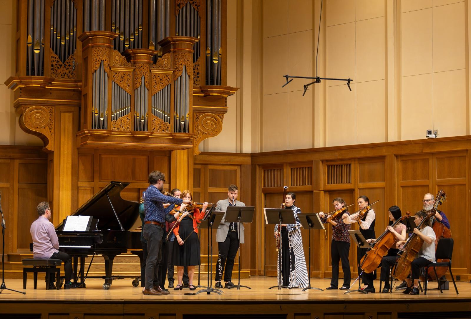 Participants in 劳伦斯室内乐节 perform on the Memorial Chapel stage in July 2024.