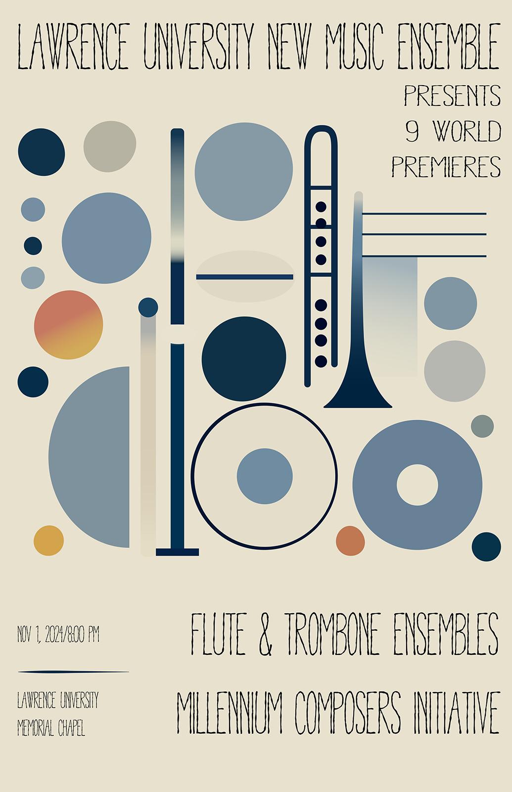Lawrence University New Music Ensemble Presents 9 World Premieres. Flute and Trombone Ensembles. Millennium Composers Initiative.