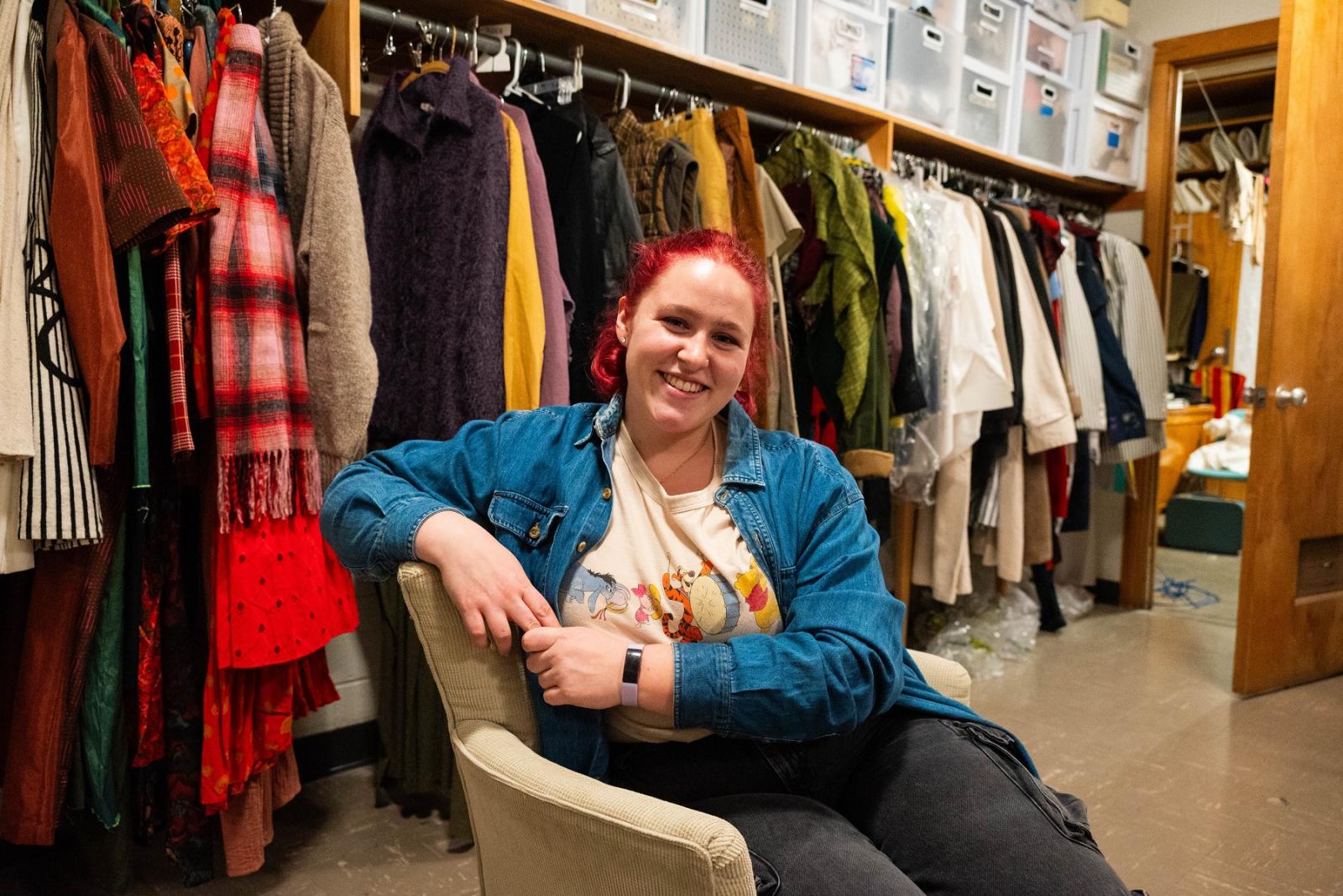 Jordan Wallin-Swanson, theatre major, hangs out in the costume shop in Lawrence's Music-Drama Center. 