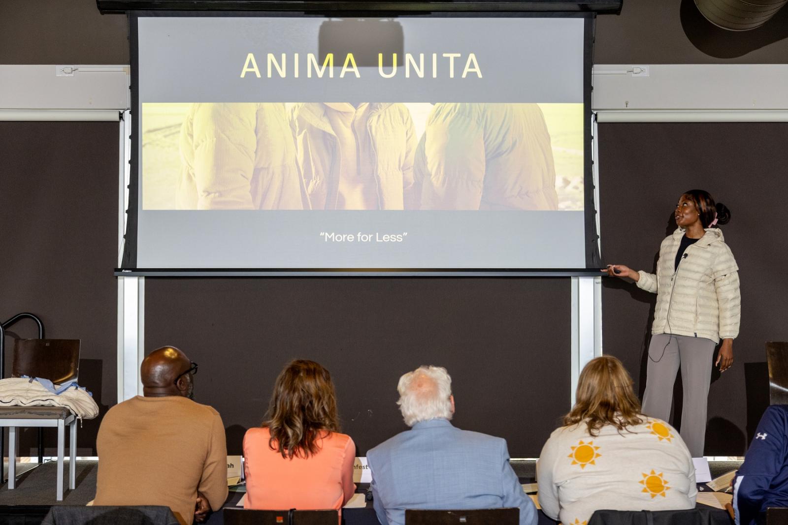 Faith Onukaogu makes her pitch for Anima Unita before the judges at The Pitch in Fox Club at Fox Cities Stadium.