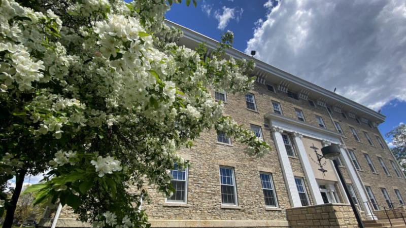 Outside Main Hall in spring