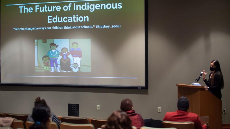 Student presents her senior capstone project during Ethnic Studies