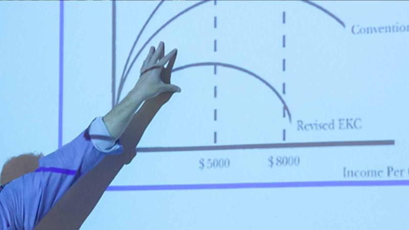 Person examining graph.