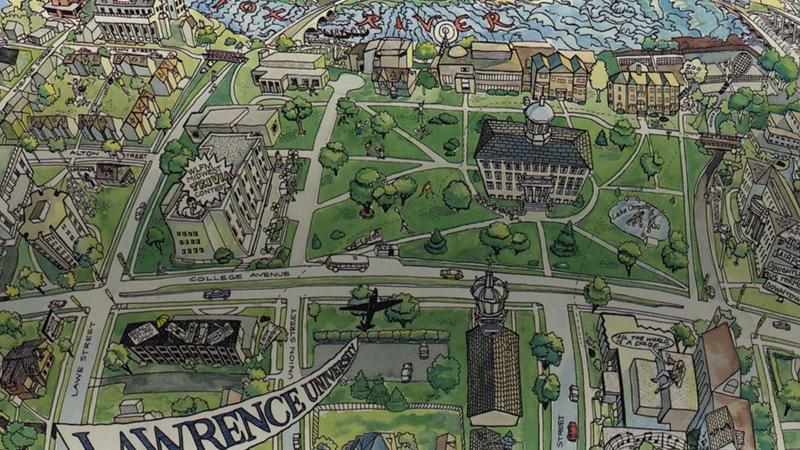 Illustration of an aerial of campus with a black bird flying across pulling a sign that says "lawrence university"