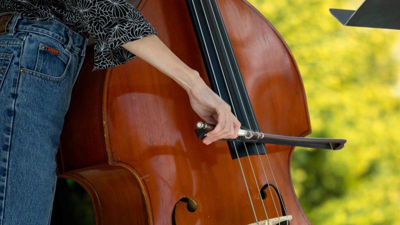 Close up of someone playing bass