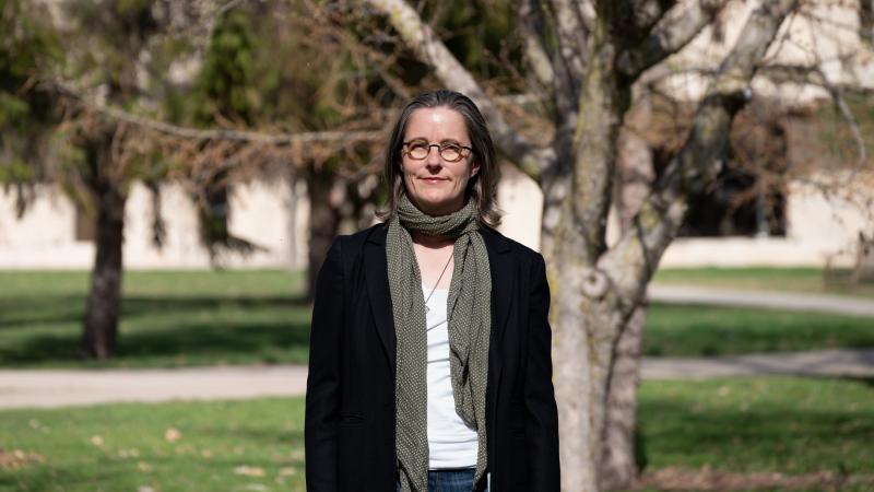 Jodi Sedlock poses for a photo on Main Hall Green.