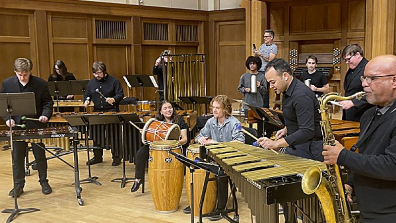 Percussion students and faculty collaborate with Jazz faculty on Memorial Chapel stage